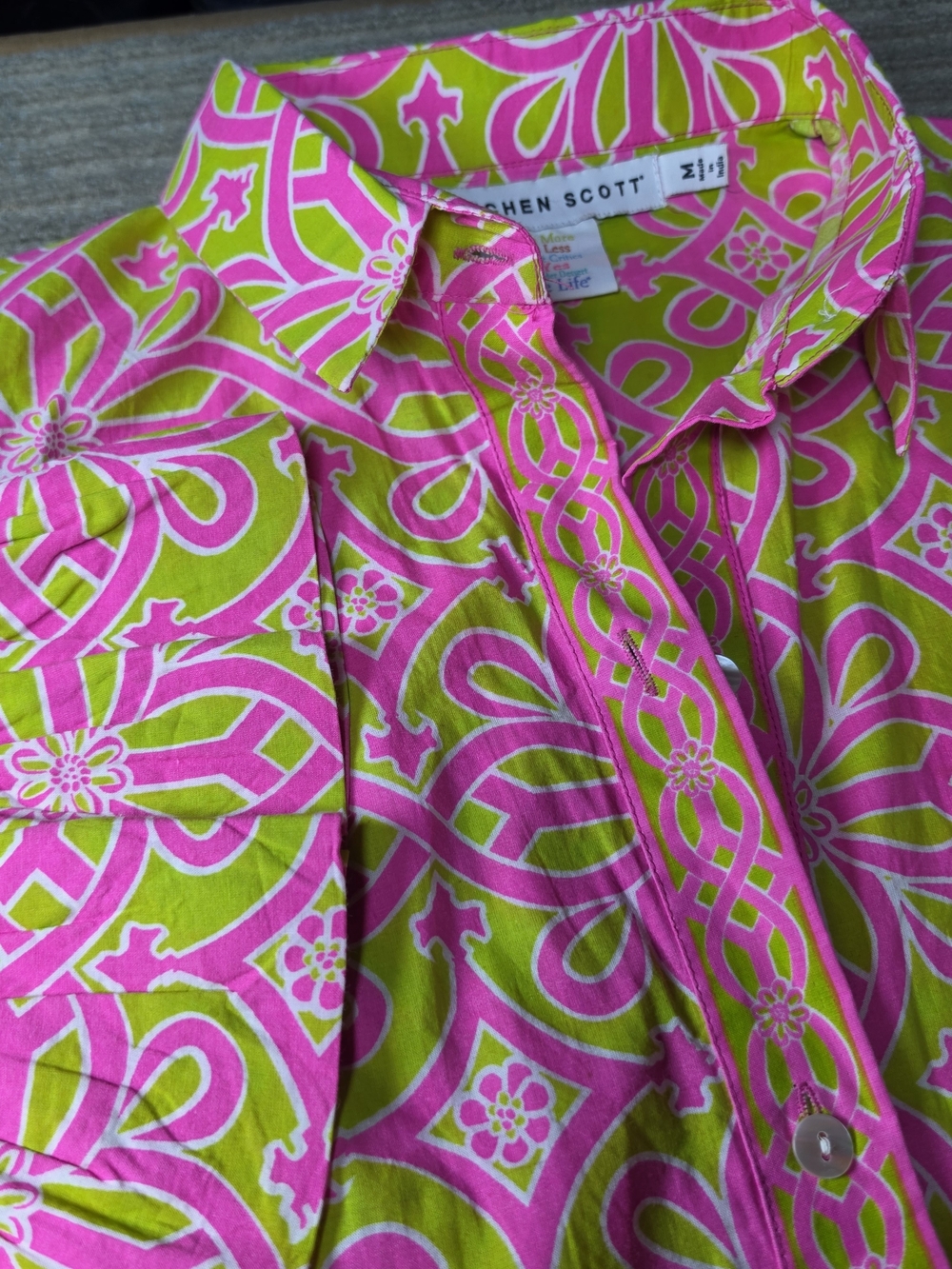 Gretchen Scott Women's Ruffleneck tunic top Medium Tropical Bright Vacay